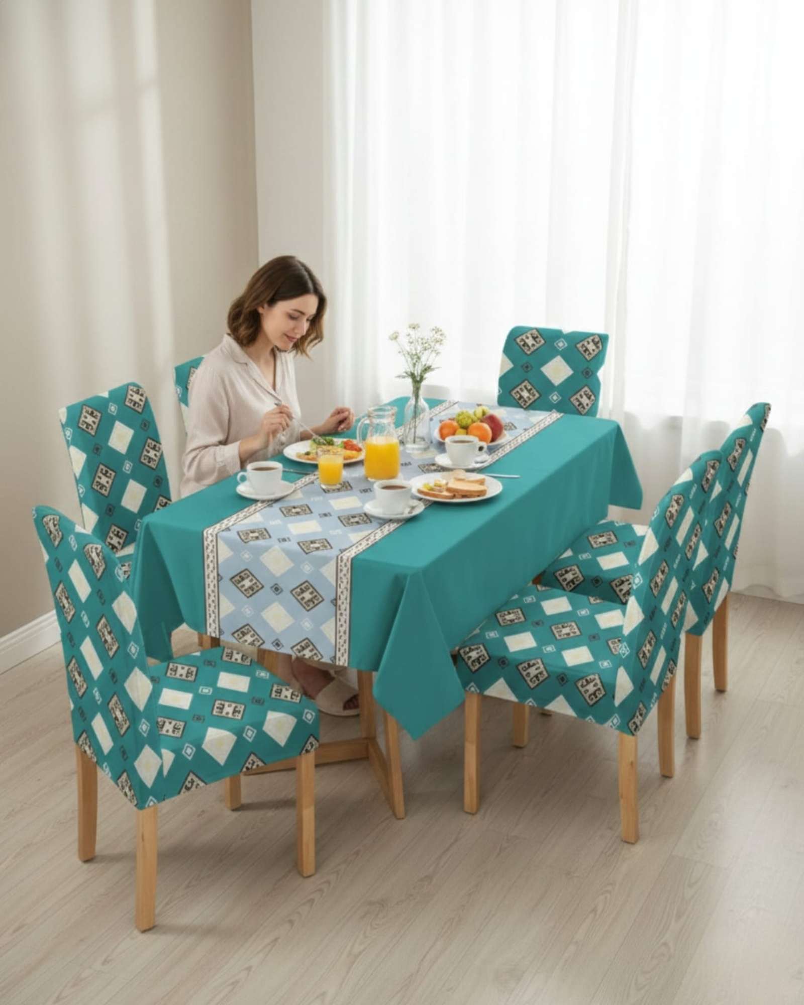 SET COMEDOR 6 PERSONAS MANTEL ANTIMANCHAS Y FUNDAS DE SILLA - 1