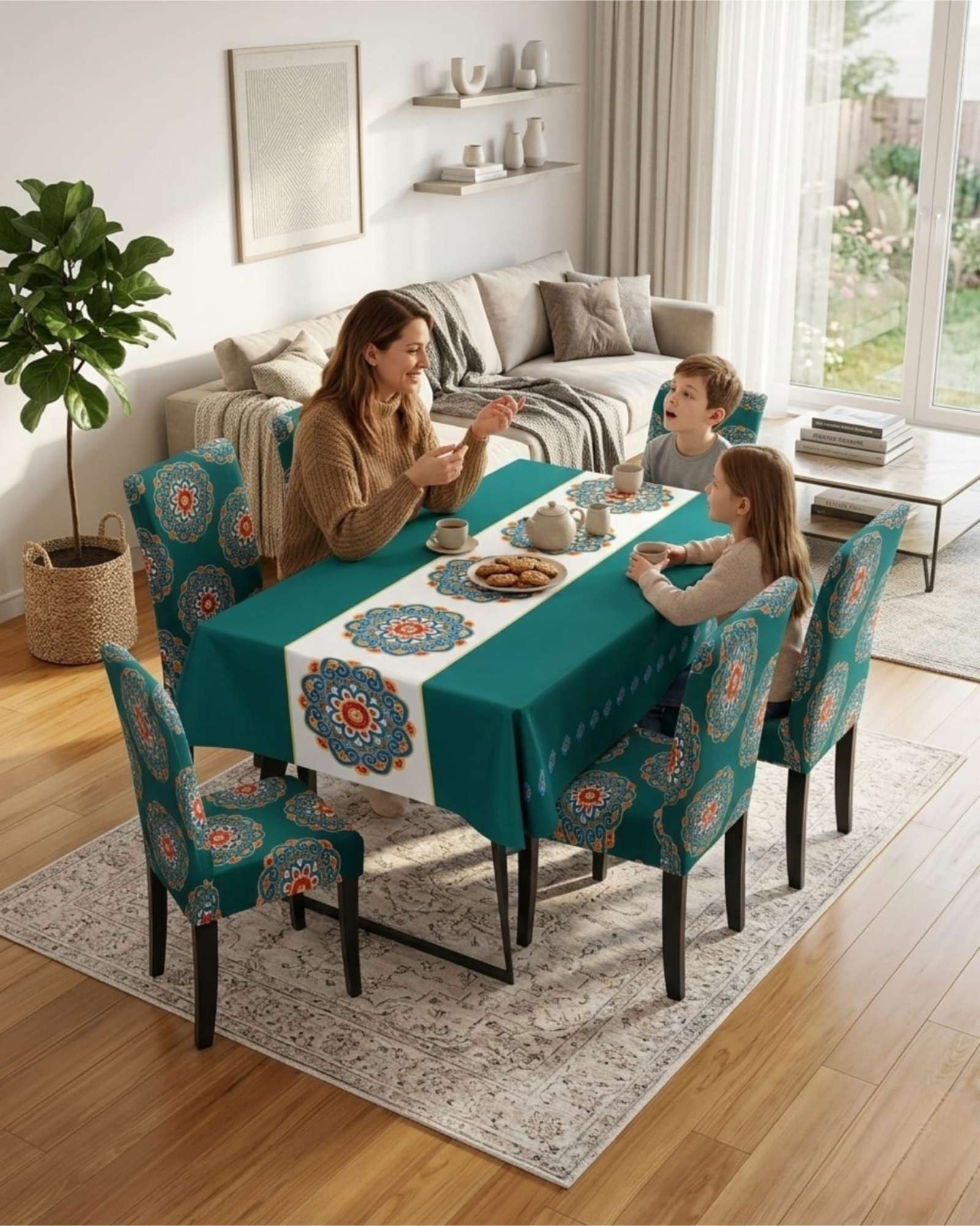 SET COMEDOR 6 PERSONAS MANTEL ANTIMANCHAS Y FUNDAS DE SILLA - 1
