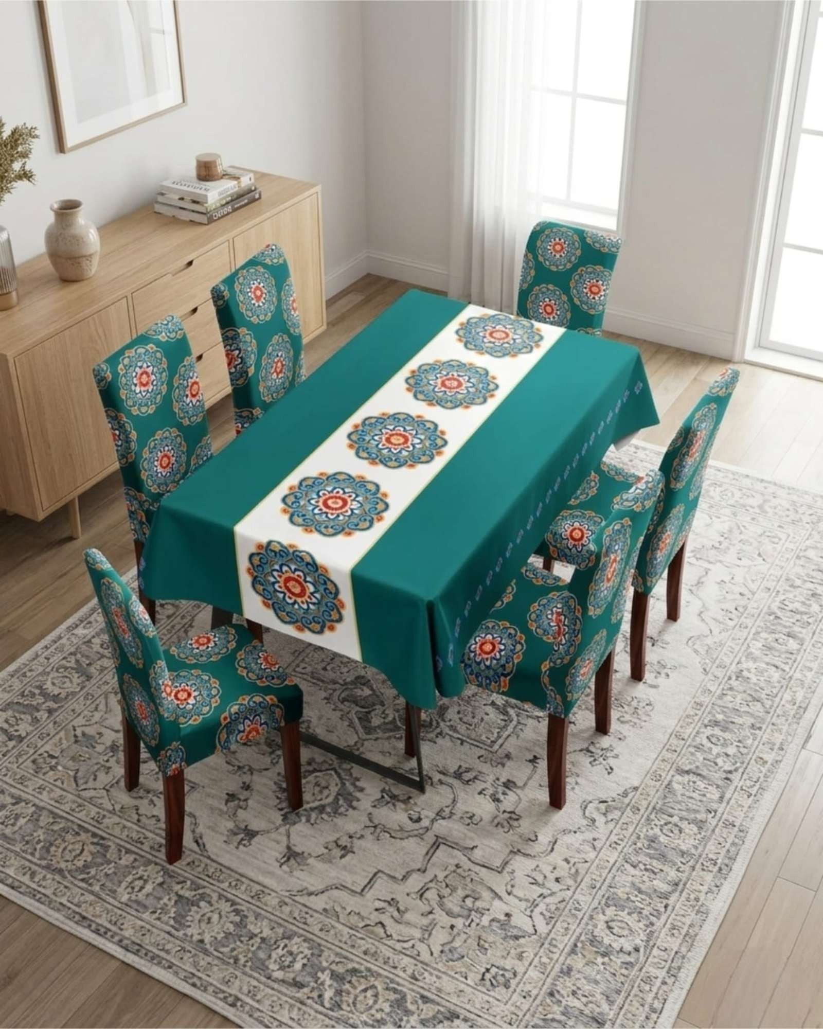 SET COMEDOR 6 PERSONAS MANTEL ANTIMANCHAS Y FUNDAS DE SILLA - 4