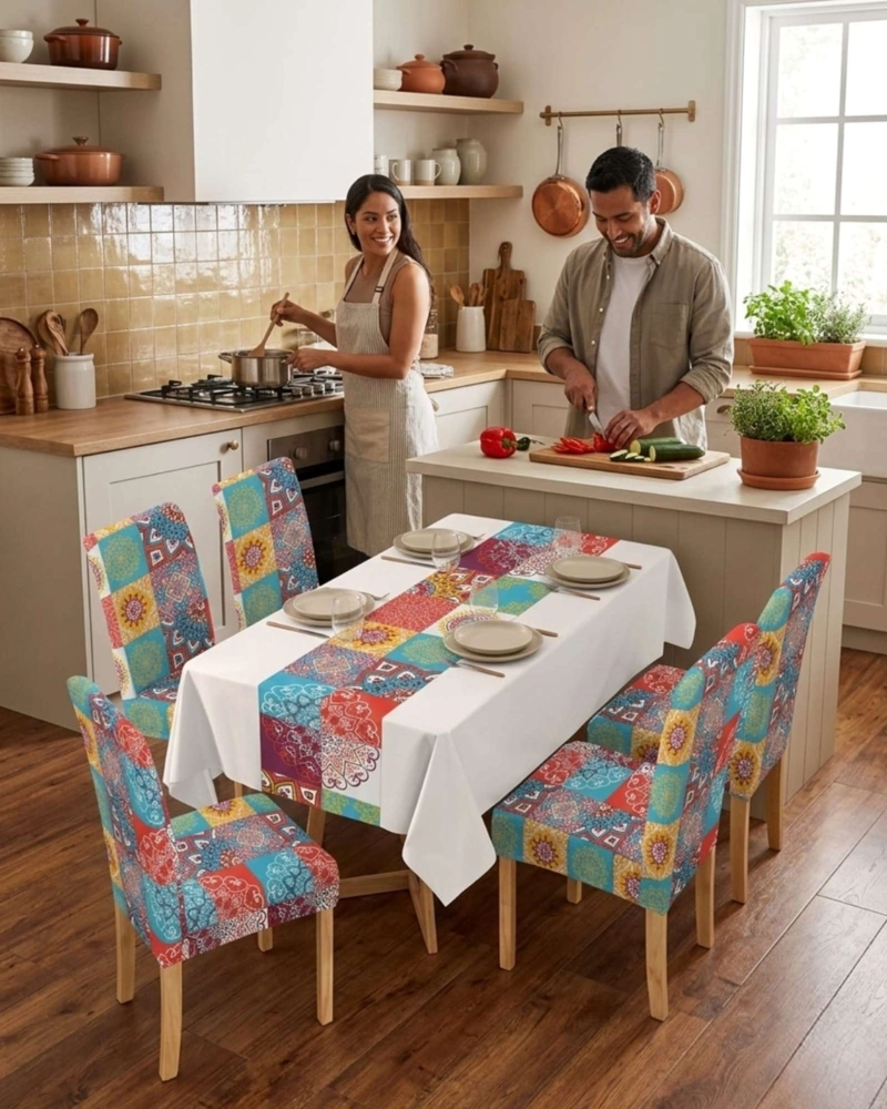 SET COMEDOR 6 PERSONAS MANTEL ANTIMANCHAS Y FUNDAS DE SILLA - 1