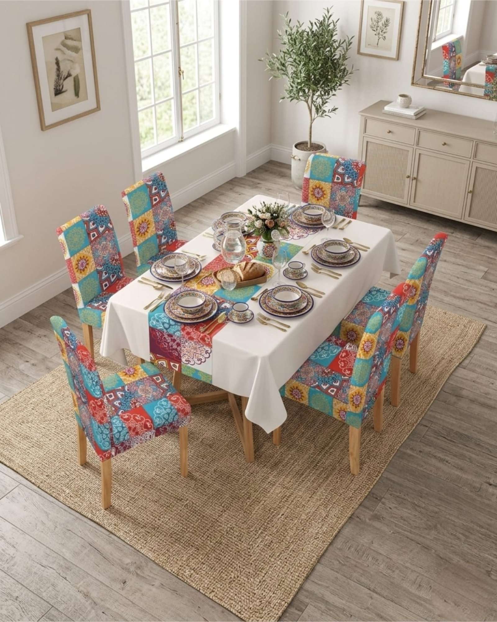 SET COMEDOR 6 PERSONAS MANTEL ANTIMANCHAS Y FUNDAS DE SILLA - 5