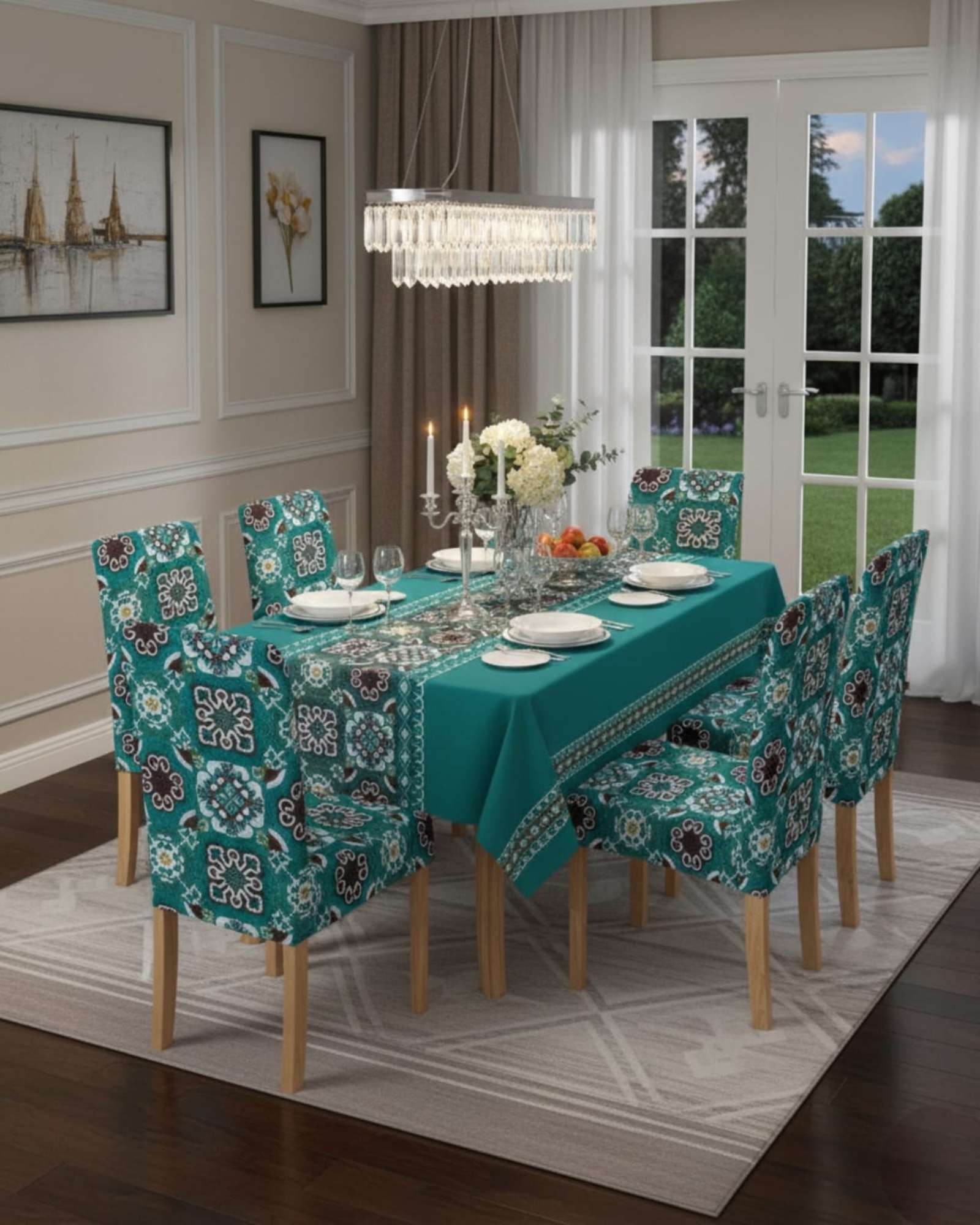 SET COMEDOR 6 PERSONAS MANTEL ANTIMANCHAS Y FUNDAS DE SILLA - 3