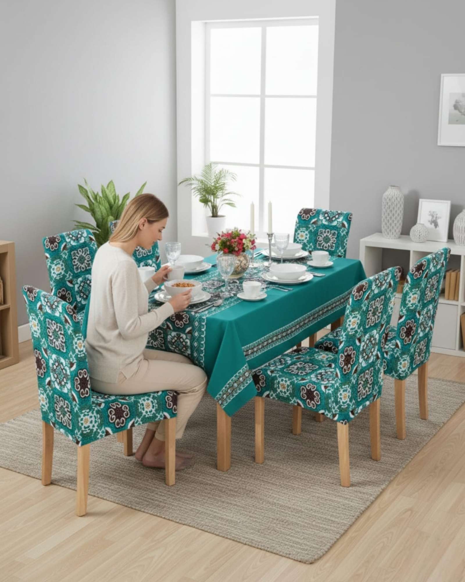 SET COMEDOR 6 PERSONAS MANTEL ANTIMANCHAS Y FUNDAS DE SILLA - 5