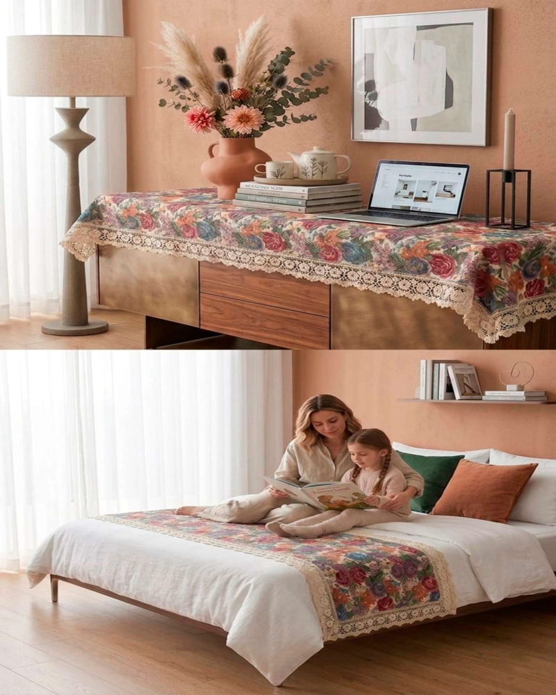 PIECERA DE CAMA ESTAMPADO NATURAL CHIC CON ENCAJE 80X200CM - 1