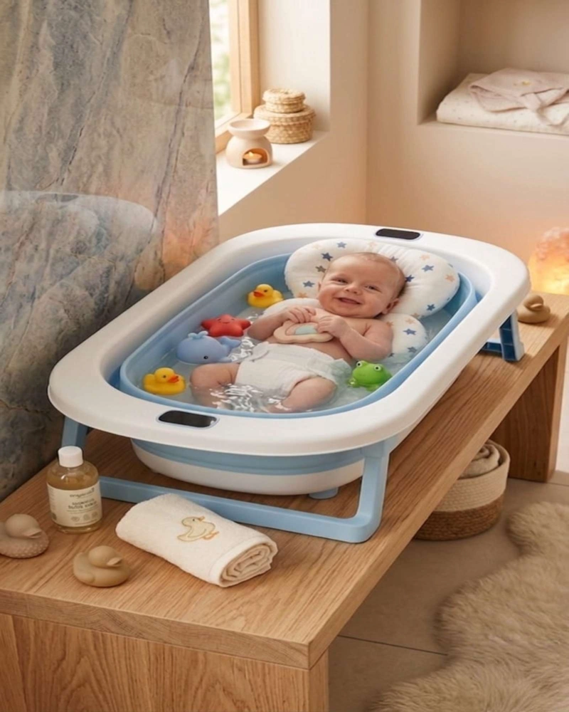 BAÑERA PLEGABLE BEBE  TERMOMETRO + COJIN ANTIDESLIZANTE - 3