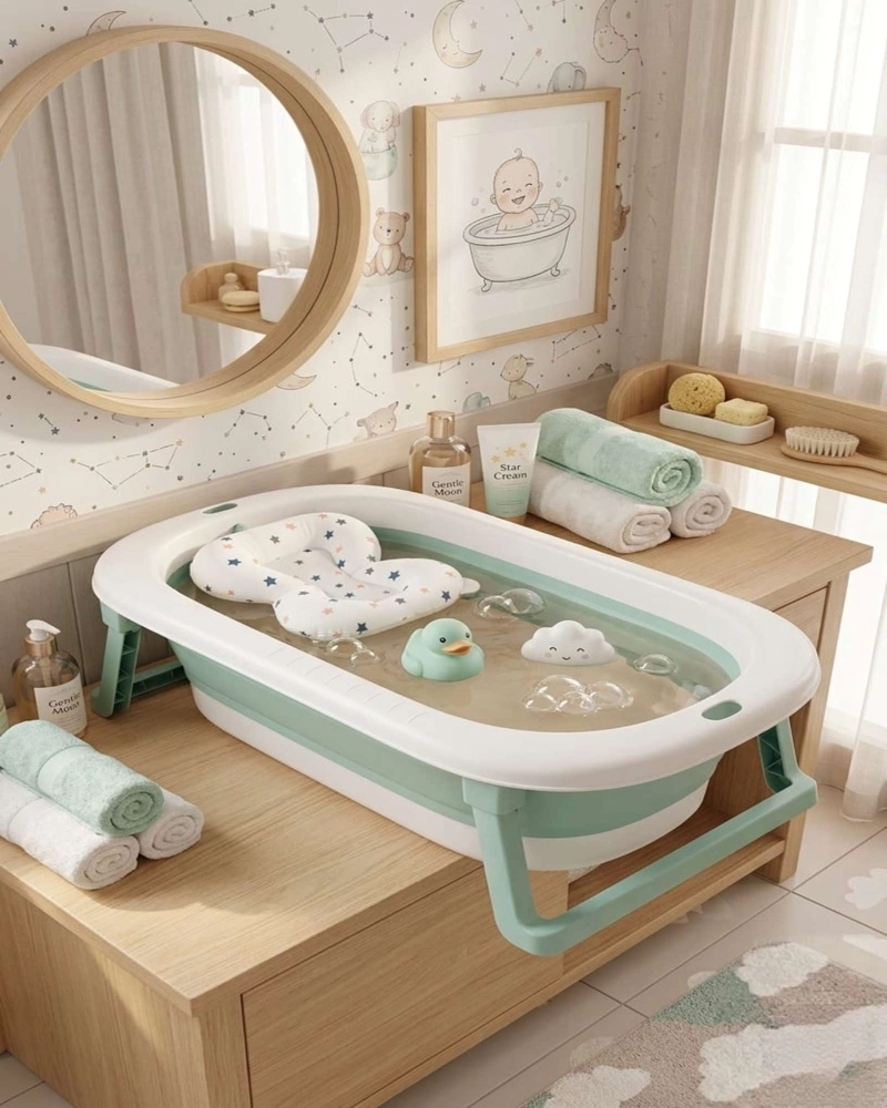 BAÑERA PLEGABLE BEBE  TERMOMETRO + COJIN ANTIDESLIZANTE - 1