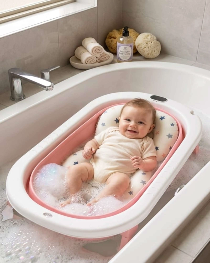 BAÑERA PLEGABLE BEBE  TERMOMETRO + COJIN ANTIDESLIZANTE - 2