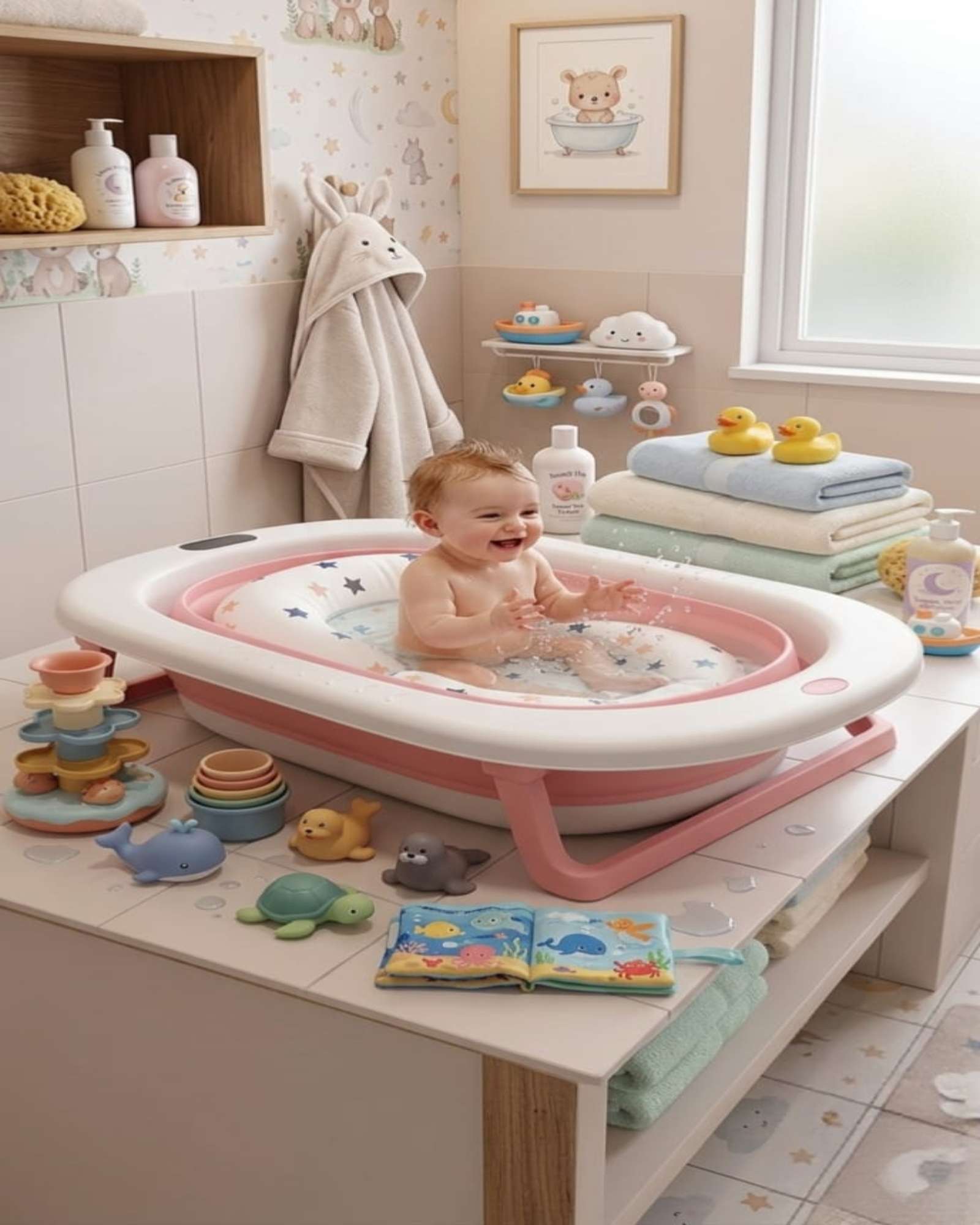 BAÑERA PLEGABLE BEBE  TERMOMETRO + COJIN ANTIDESLIZANTE - 3
