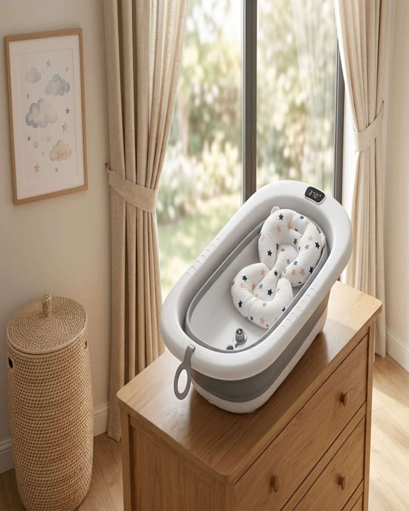 BAÑERA PLEGABLE BEBE  TERMOMETRO + COJIN ANTIDESLIZANTE - 1
