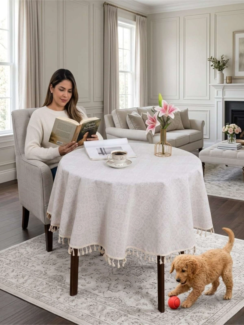 MANTEL REDONDO LINO RUSTICO ELEGANTE CON FLECOS 140 CM - 5