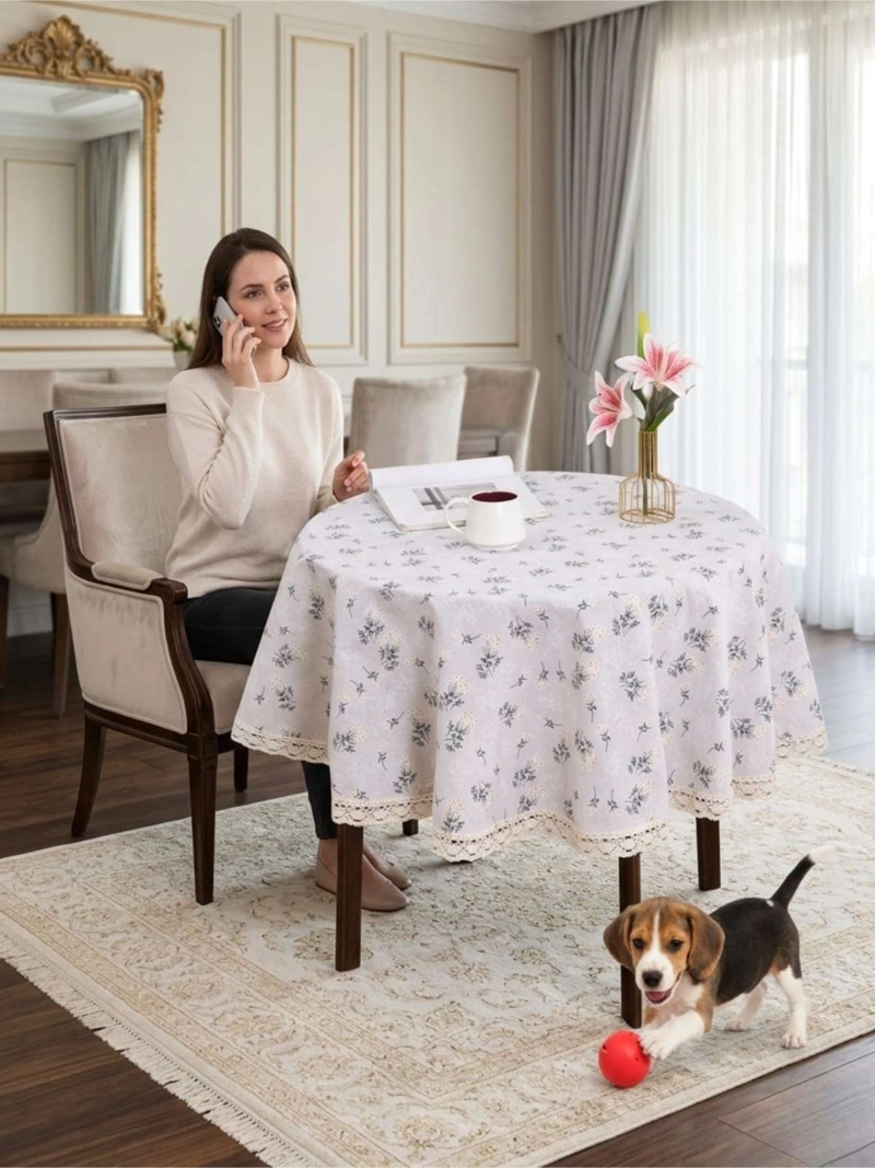 MANTEL REDONDO LINO RUSTICO ELEGANTE CON FLECOS 140 CM - 6