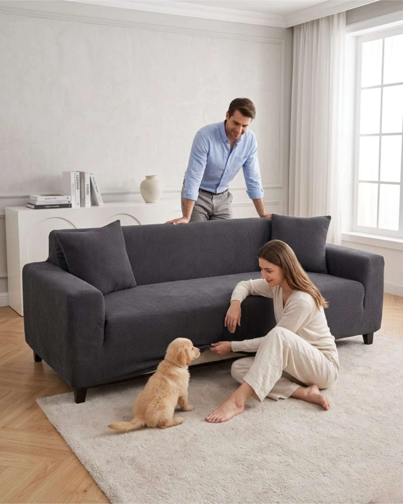 CUBRE SOFA 4 CUERPOS TELA CUADRILLE ELEGANTE Y AJUSTABLE - 2