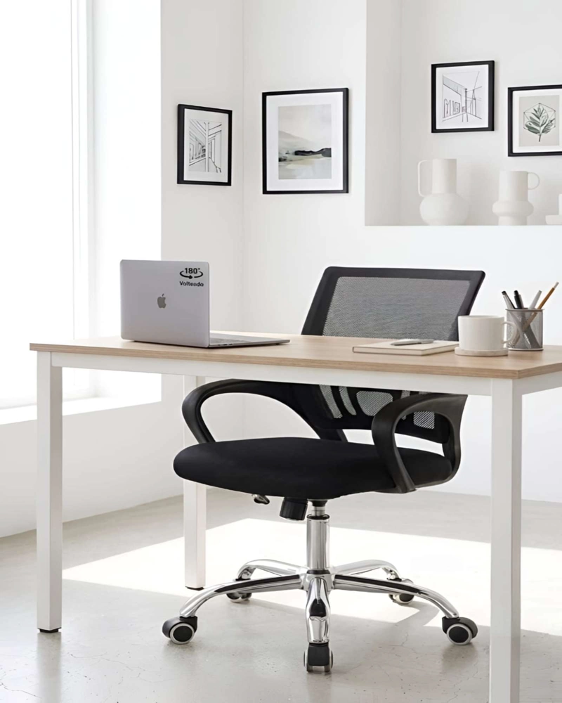 SILLA DE OFICINA GIRATORIA CON MALLA Y BASE DE ACERO CROMADO - 4