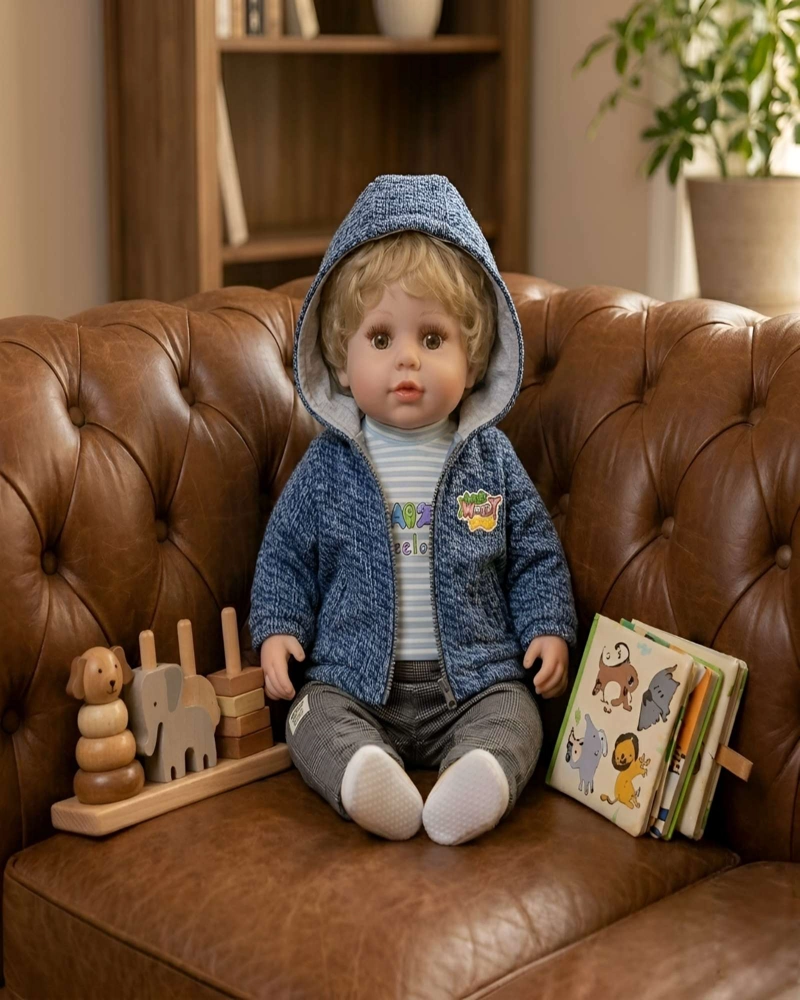 MUÑECO REBORN REALISTA PARA NIÑOS CON CONJUNTO AZUL MELANGE Y CAPUCHA - 2