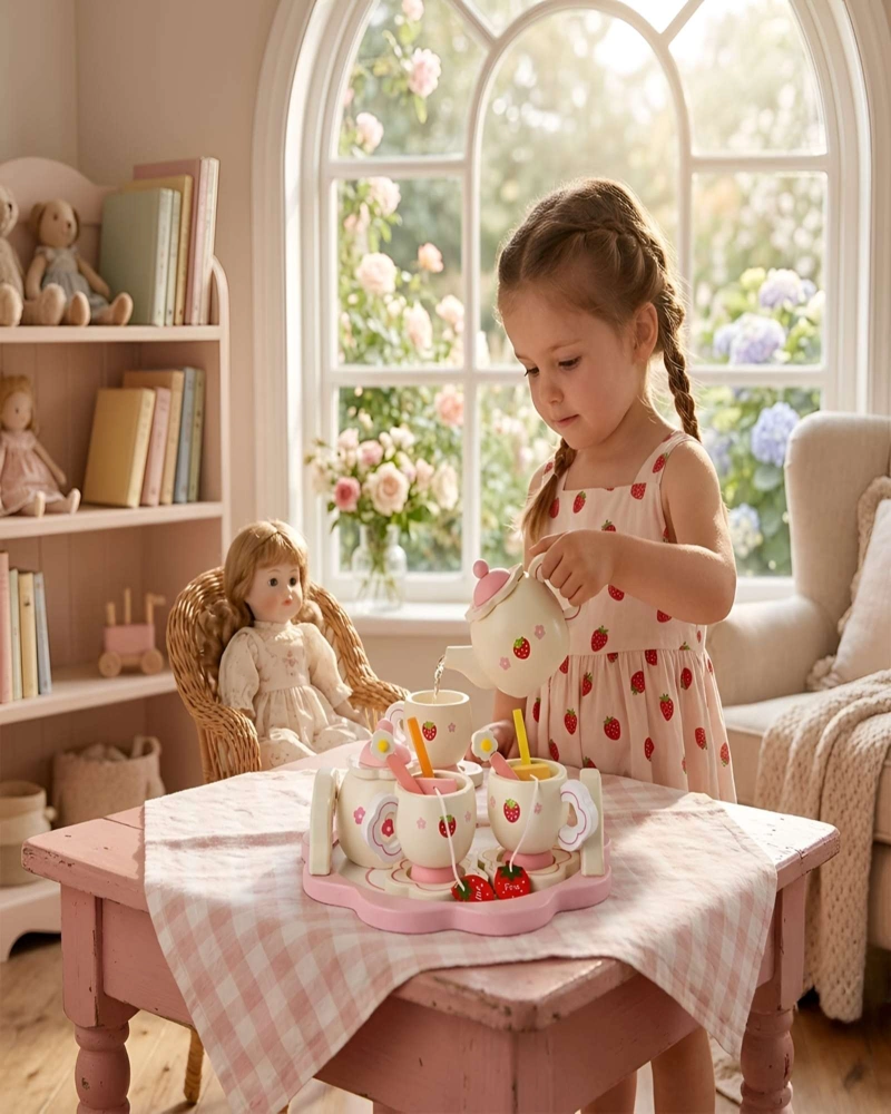 SET DE TE  MADERA INFANTIL CON BANDEJA EN FORMA DE FLOR - 5