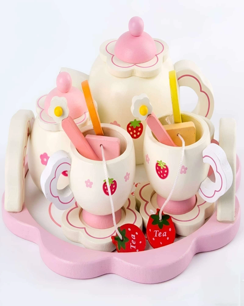 SET DE TE  MADERA INFANTIL CON BANDEJA EN FORMA DE FLOR - 6