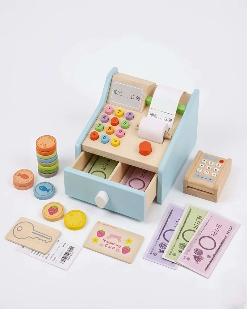 JUGUETE DE MADERA CAJA REGISTRADORA CON BILLETES DE JUGUETE Y TARJETAS - 6