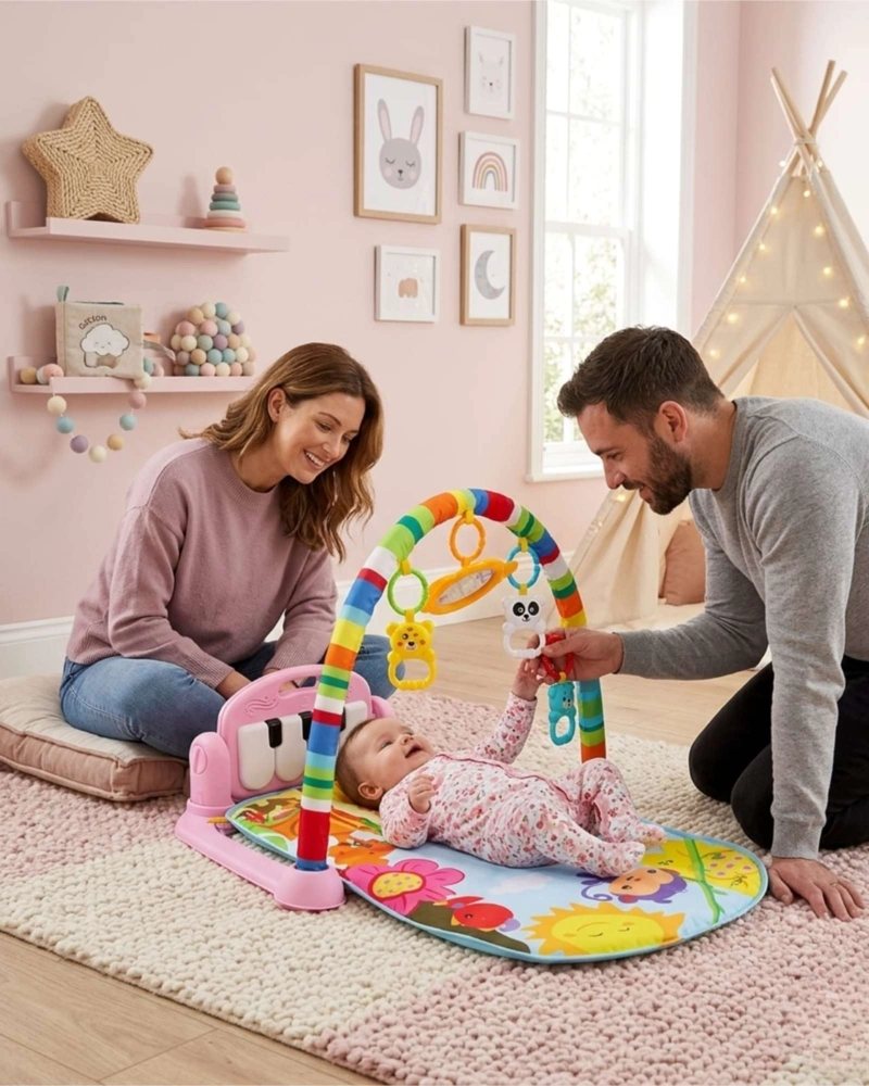 GIMNASIO MUSICAL MULTIUSOS PARA BEBE DE ALFOMBRA SUAVE ROSADO - 1
