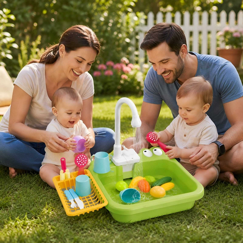 SET DE COCINA LAVAPLATOS DE JUGUETE  CON CIRCULACION DE AGUA VERDE - 5