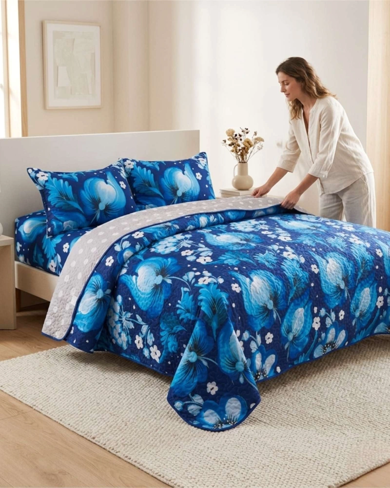 JUEGO DE CUBRECAMA QUILT 2 PLAZAS CON SABANAS DE VERANO 5 PZS - 1