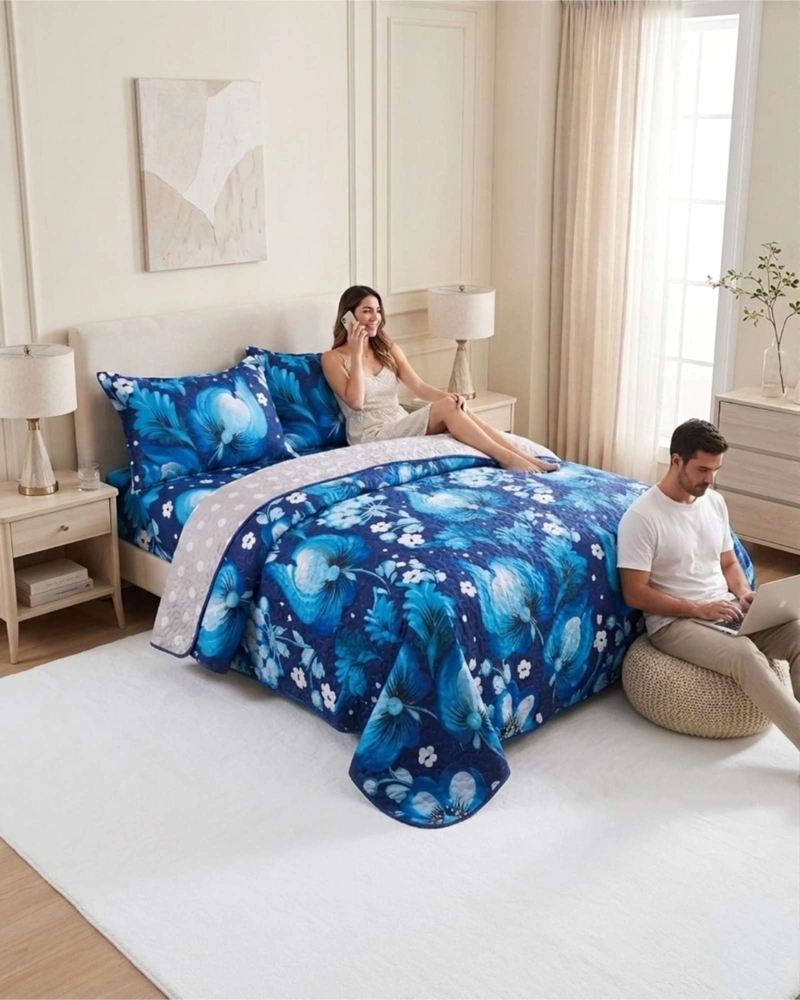 JUEGO DE CUBRECAMA QUILT 2 PLAZAS CON SABANAS DE VERANO 5 PZS - 2
