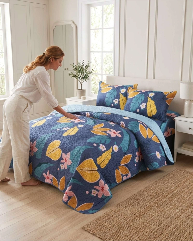 JUEGO DE CUBRECAMA QUILT 2 PLAZAS CON SABANAS DE VERANO 5 PZS - 2