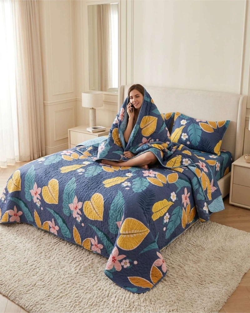 JUEGO DE CUBRECAMA QUILT 2 PLAZAS CON SABANAS DE VERANO 5 PZS - 5