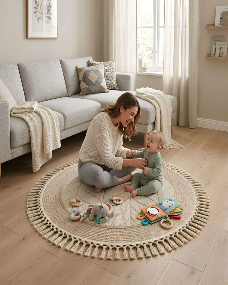 ALFOMBRA REDONDA CON RELIEVE Y FLECOS DECORATIVA - 3