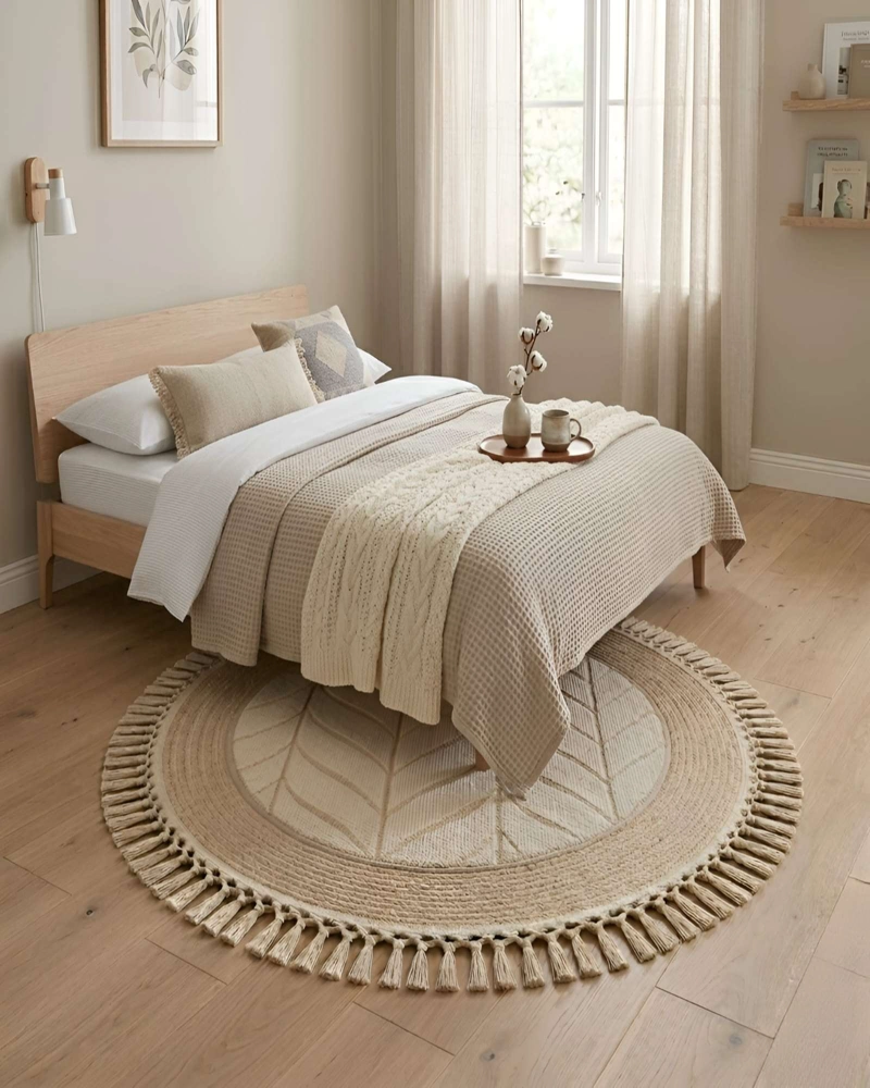 ALFOMBRA REDONDA CON RELIEVE Y FLECOS DECORATIVA - 4