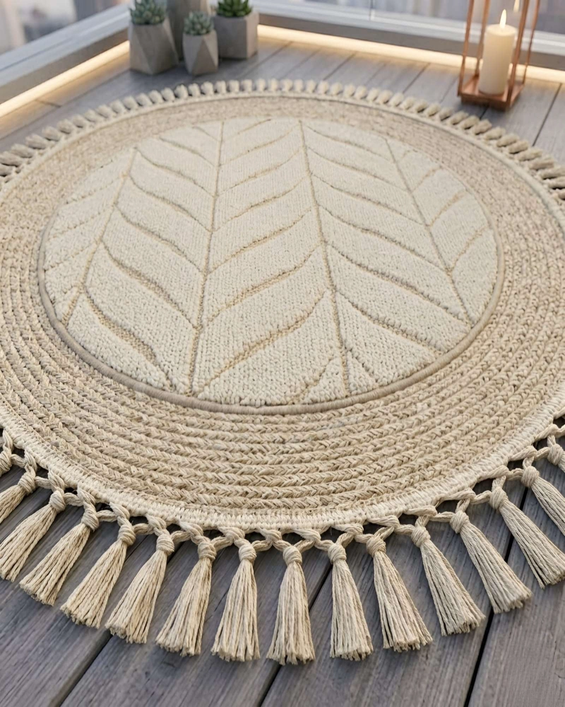 ALFOMBRA REDONDA CON RELIEVE Y FLECOS DECORATIVA - 5
