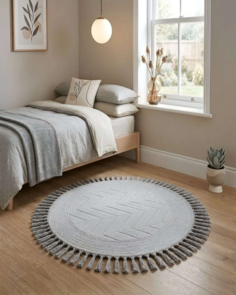 ALFOMBRA REDONDA CON RELIEVE Y FLECOS DECORATIVA - 1