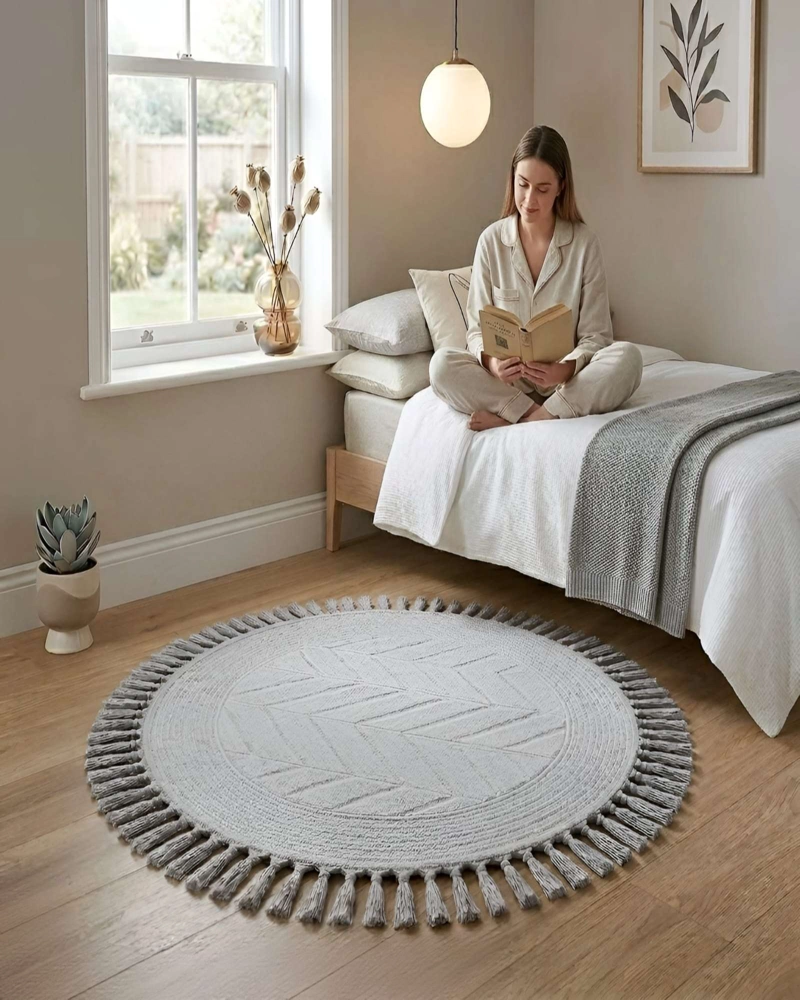 ALFOMBRA REDONDA CON RELIEVE Y FLECOS DECORATIVA - 2