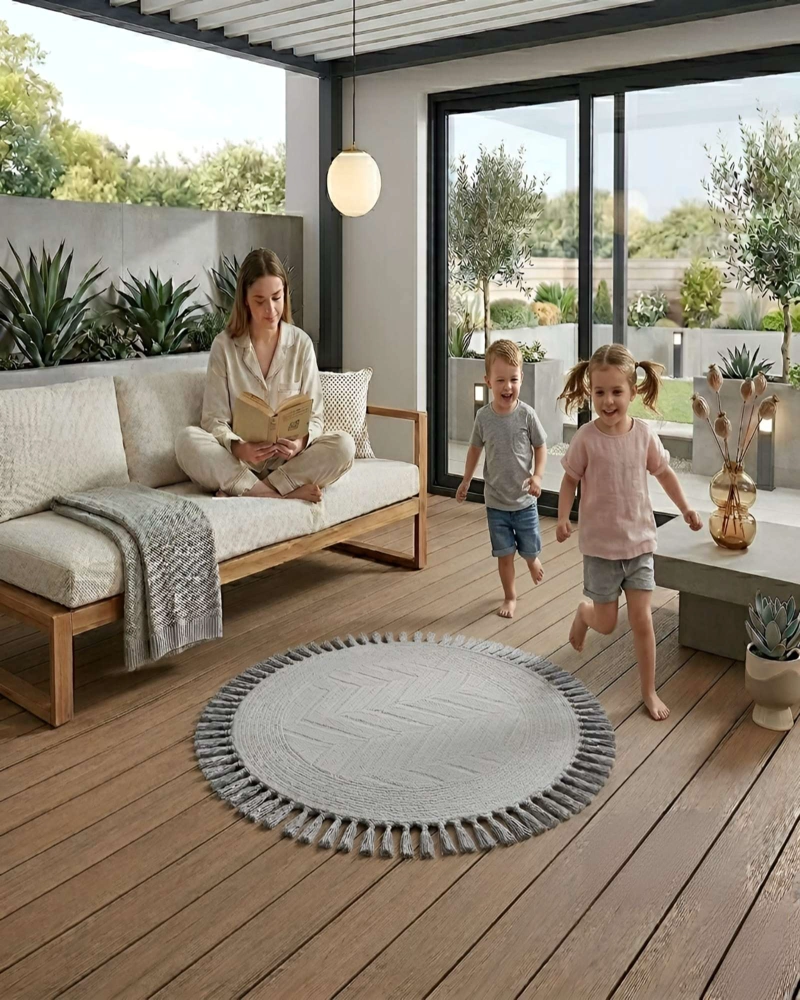 ALFOMBRA REDONDA CON RELIEVE Y FLECOS DECORATIVA - 3