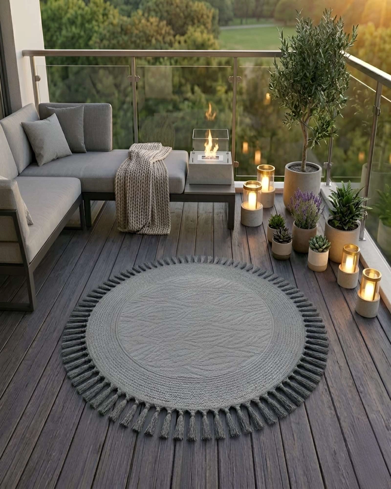 ALFOMBRA REDONDA CON RELIEVE Y FLECOS DECORATIVA - 1
