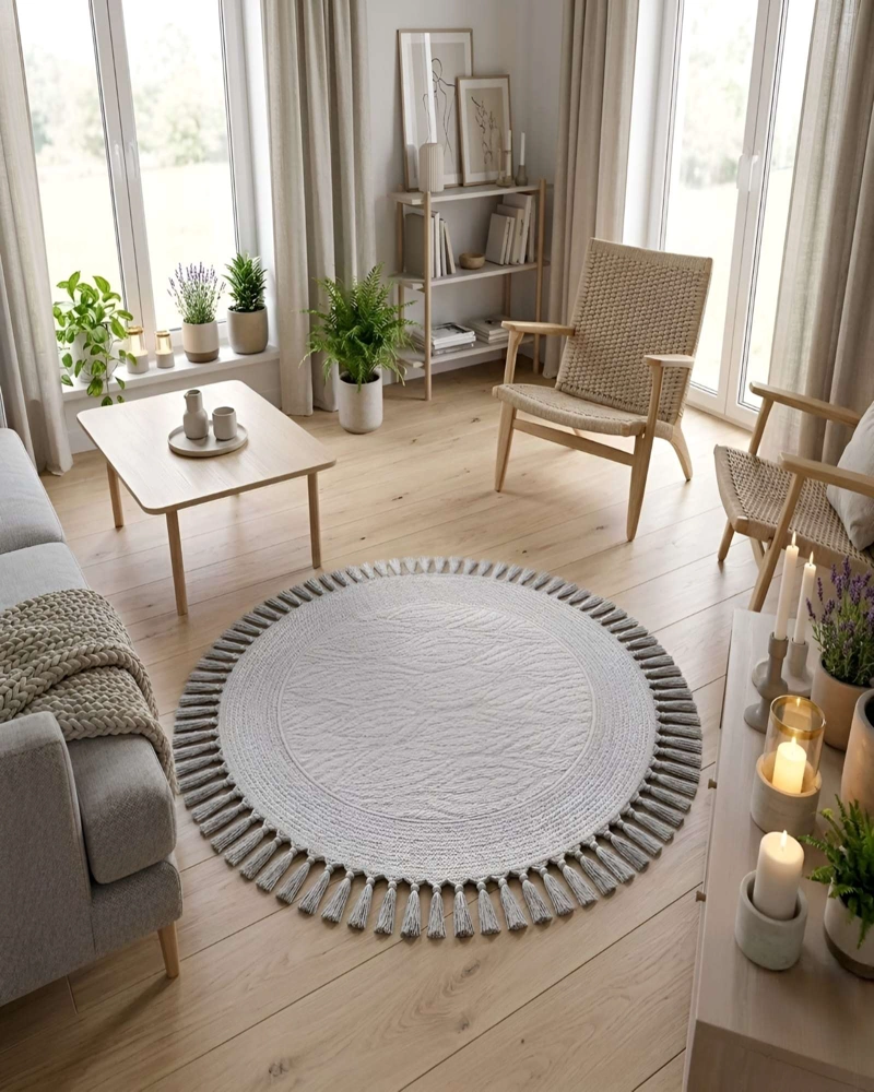 ALFOMBRA REDONDA CON RELIEVE Y FLECOS DECORATIVA - 3