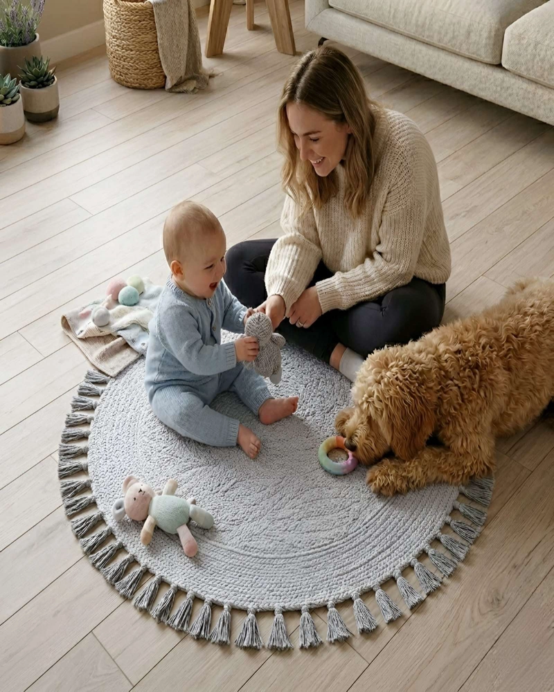 ALFOMBRA REDONDA CON RELIEVE Y FLECOS DECORATIVA - 4