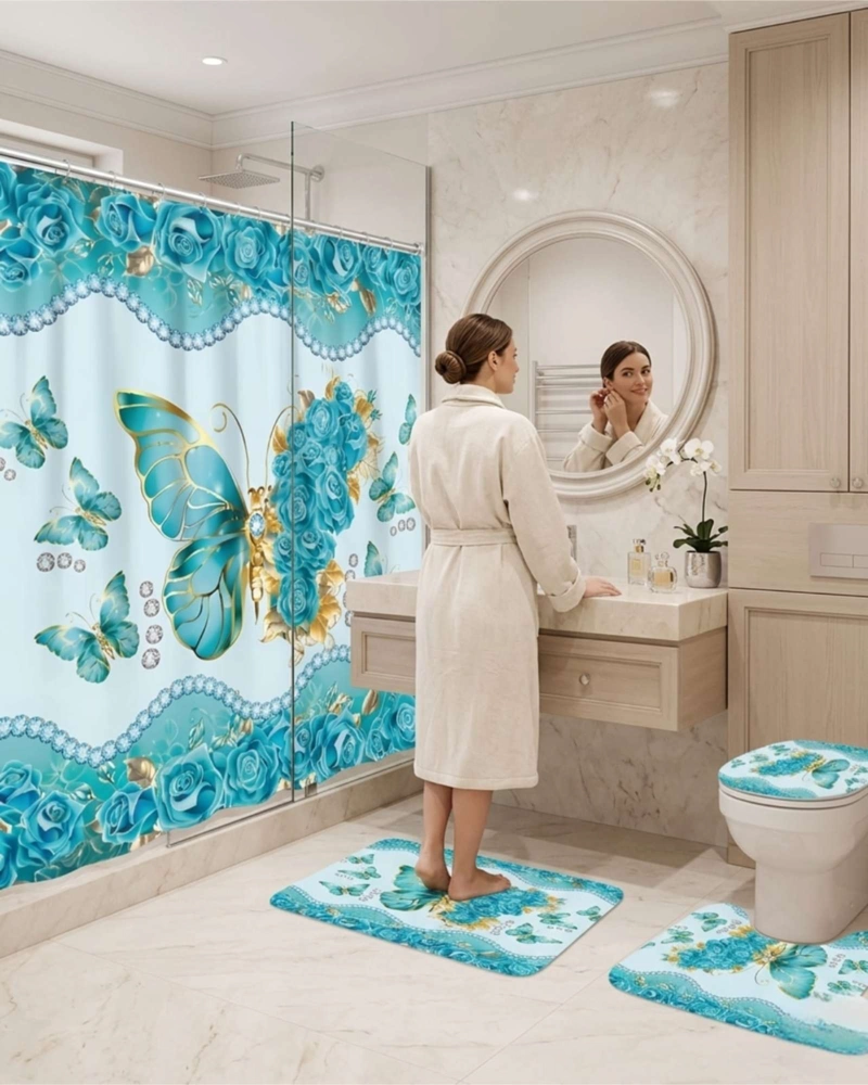 JUEGO DE BAÑO 4 PIEZAS CORTINA MAS ALFOMBRAS Y FUNDA DE INODORO - 1