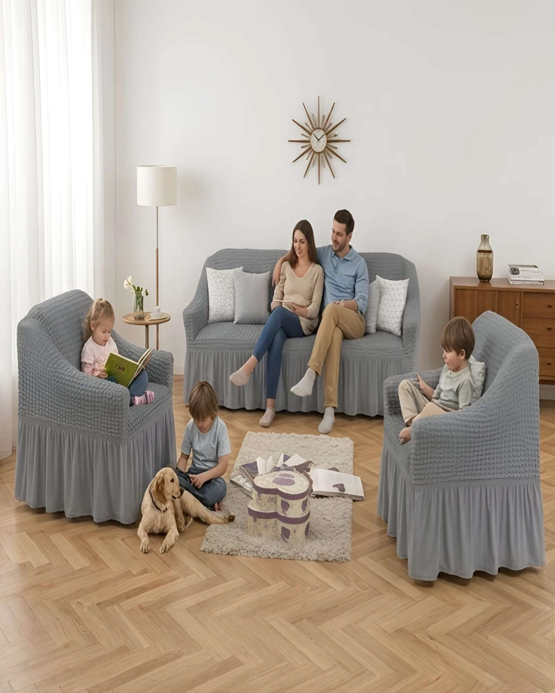 SET FUNDAS SILLON ELASTICA 3+1+1 CON FALDON TEXTURA NIDO DE ABEJA - 1