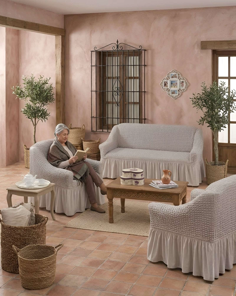 SET FUNDAS SILLON ELASTICA 3+1+1 CON FALDON TEXTURA NIDO DE ABEJA - 1