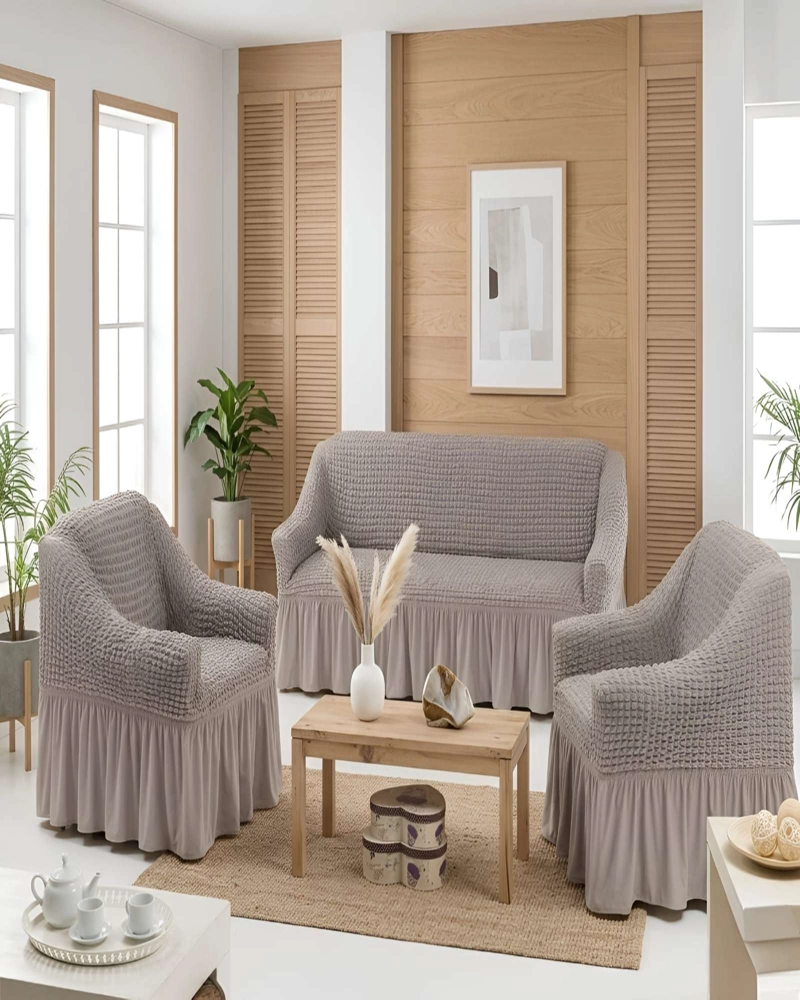 SET FUNDAS SILLON ELASTICA 3+1+1 CON FALDON TEXTURA NIDO DE ABEJA - 2