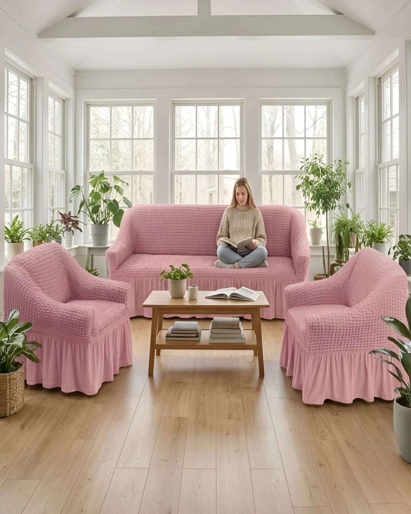 SET FUNDAS SILLON ELASTICA 3+1+1 CON FALDON TEXTURA NIDO DE ABEJA - 3