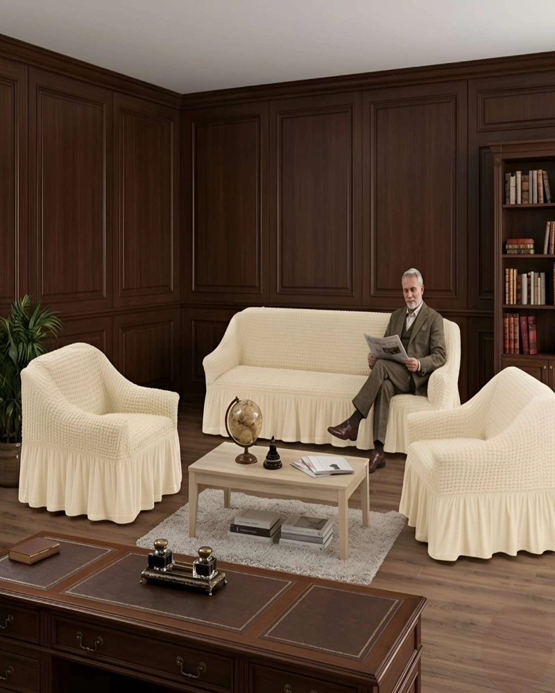 SET FUNDAS SILLON ELASTICA 3+1+1 CON FALDON TEXTURA NIDO DE ABEJA - 1