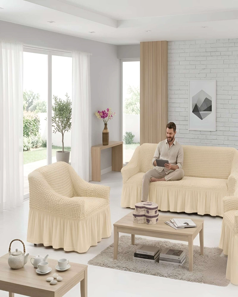 SET FUNDAS SILLON ELASTICA 3+1+1 CON FALDON TEXTURA NIDO DE ABEJA - 3