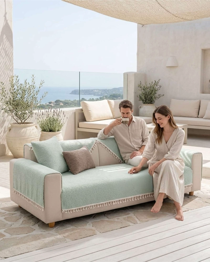 FUNDA PARA SOFA 3 CUERPOS DECORATIVA CON DETALLES EN FLECOS - 4