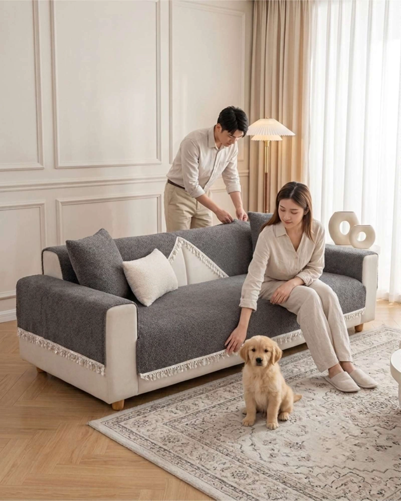 FUNDA PARA SOFA 3 CUERPOS DECORATIVA CON DETALLES EN FLECOS - 3