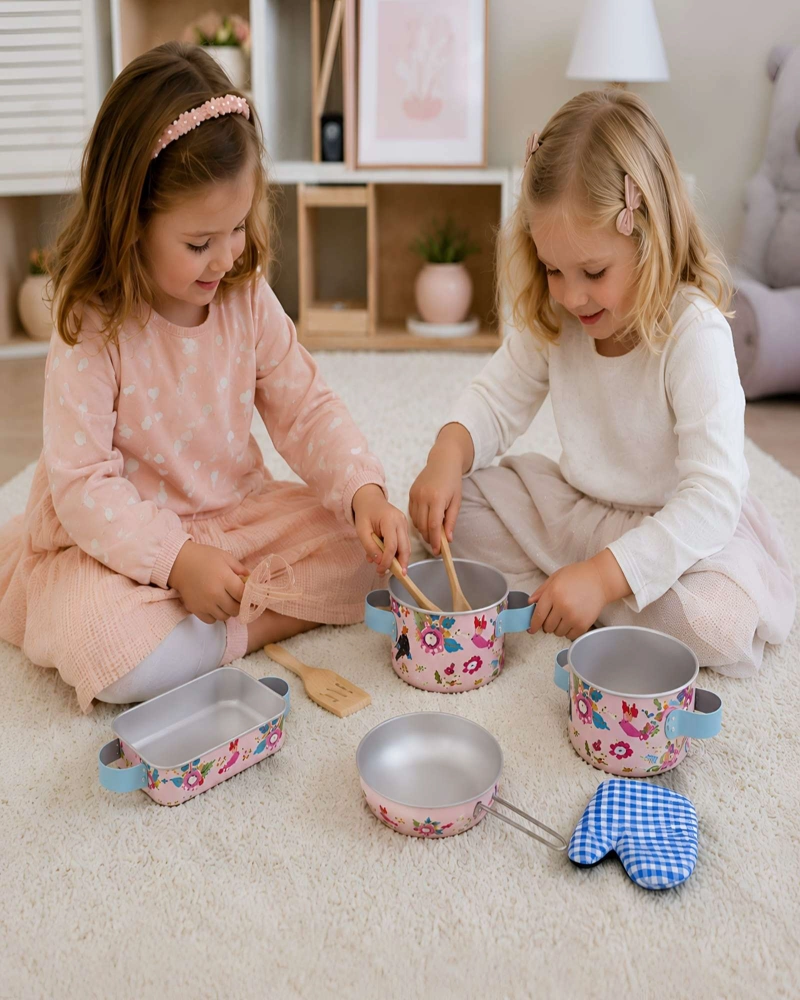 JUEGO DE OLLAS INFANTILES DE ALUMINIO: DISEÑO FLORAL ROSADO PARA NIÑOS - 2