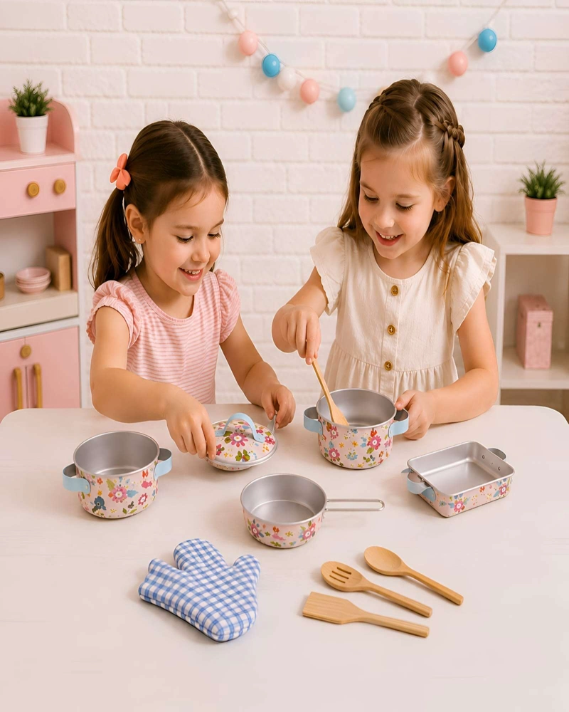 JUEGO DE OLLAS INFANTILES DE ALUMINIO: DISEÑO FLORAL ROSADO PARA NIÑOS - 3