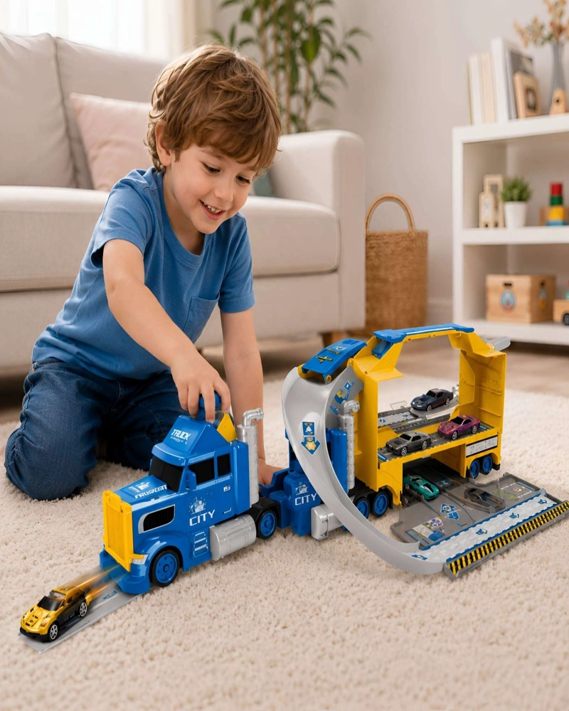 SET CAMION TRANSPORTADOR DE AUTOS DE JUGUETE CON PISTA LANZADORA - 1