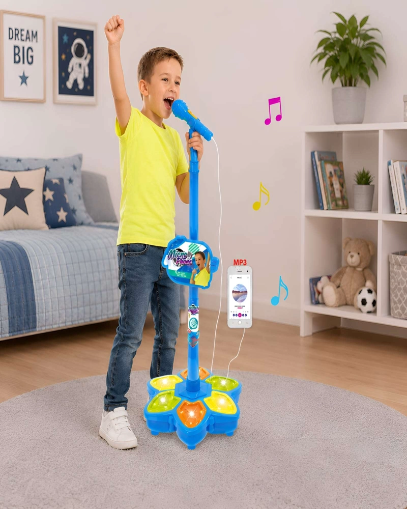 MICROFONO KARAOKE PARA NIÑOS CON PEDESTAL LUCES LED Y CONECTOR MP3 - 1