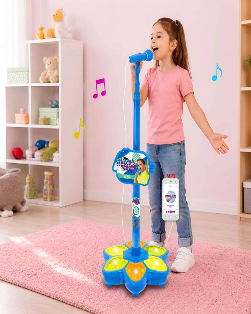 MICROFONO KARAOKE PARA NIÑOS CON PEDESTAL LUCES LED Y CONECTOR MP3 - 3